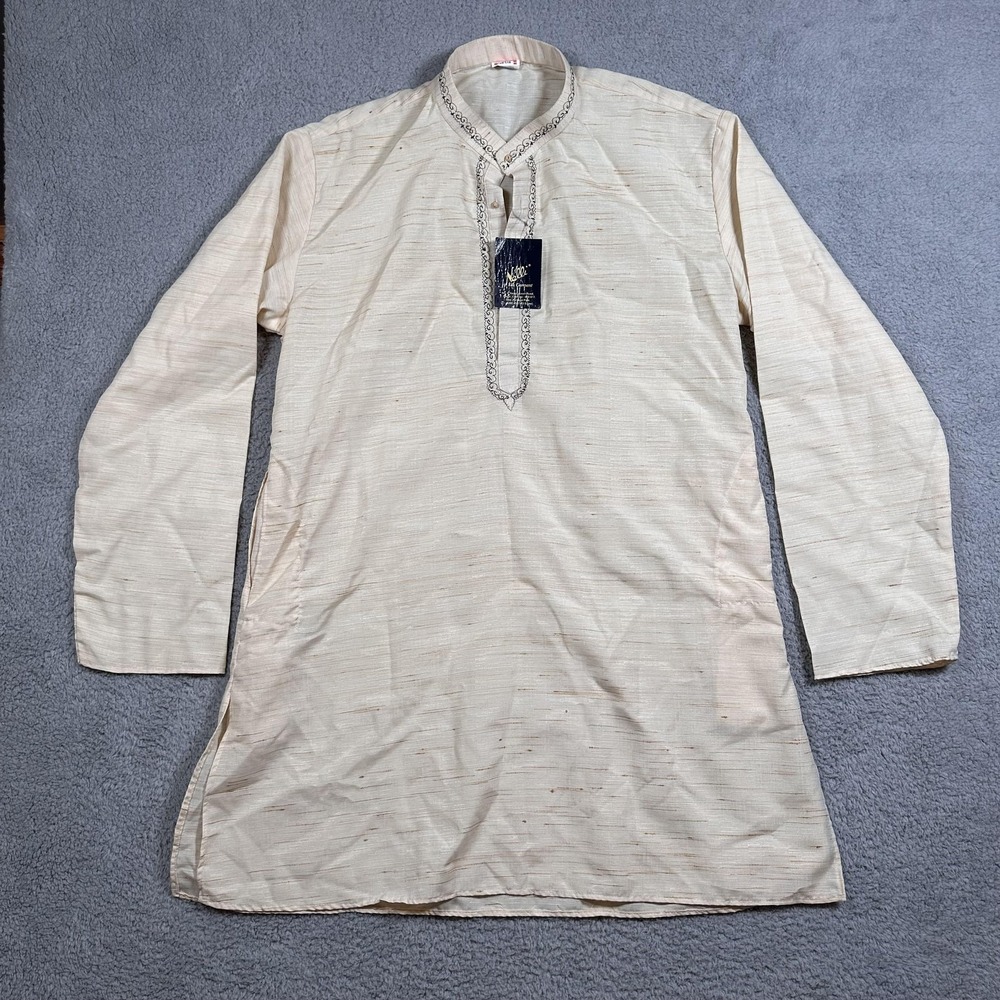 NWT Nalli Silk Garment Kurta Mens 44-110 Beige Long Sleeve Traditional Indian